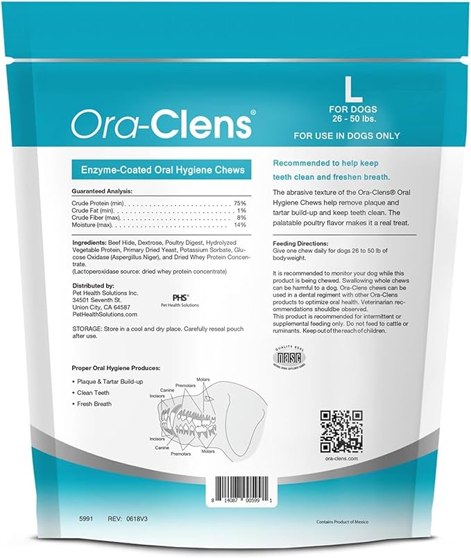 Oral Hygiene Chews for Large Dogs – Enzymatic Dental Treats for Daily Oral Care, Helps Clean Teeth & Freshen Breath, Supports Plaque & Tartar Control – 30 Chews (3 Pack)