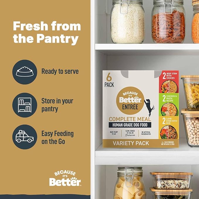 Because It's Better Entrée Complete Meal, Variety Pack, Human Grade Wet Dog Food, 10 oz Pouches, 6 Count