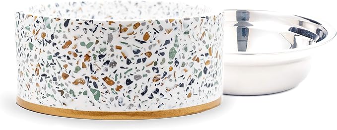 Pet Junkie Terrazzo Single Elevated Pet Bowl Stand with Removable Stainless Steel 16oz Inner Bowl for Small Dog Breed or Cat - Raised Dog Food or Water Station (Small, White)