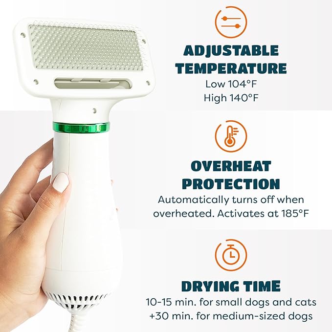 2-in-1 Dog Dryer with Slicker Brush for Small Dogs and Cats, Pet Hair Dryer, Dog Blow Dryer for Grooming with 300 Watts, 75-85 dB, Adjustable Temperature, Overheat Protection