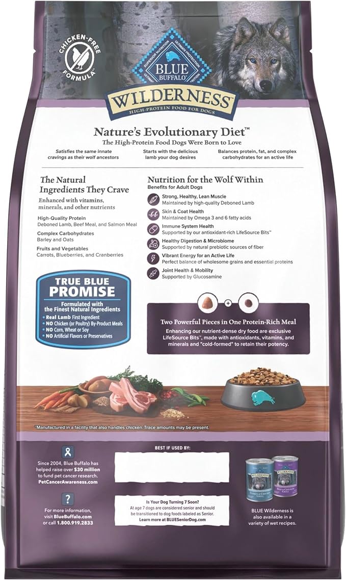 Blue Buffalo Wilderness 38 g Protein, Meat Rich Natural Adult Dry Dog Food, Lamb, Chicken-Free Formula, 4.5lb Bag