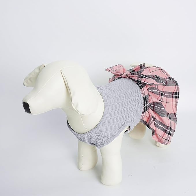 PUPTECK Classic Plaid Dog Dress Pet Apparel with Cute Bowtie Puppy Clothes Outfit,Grey,L