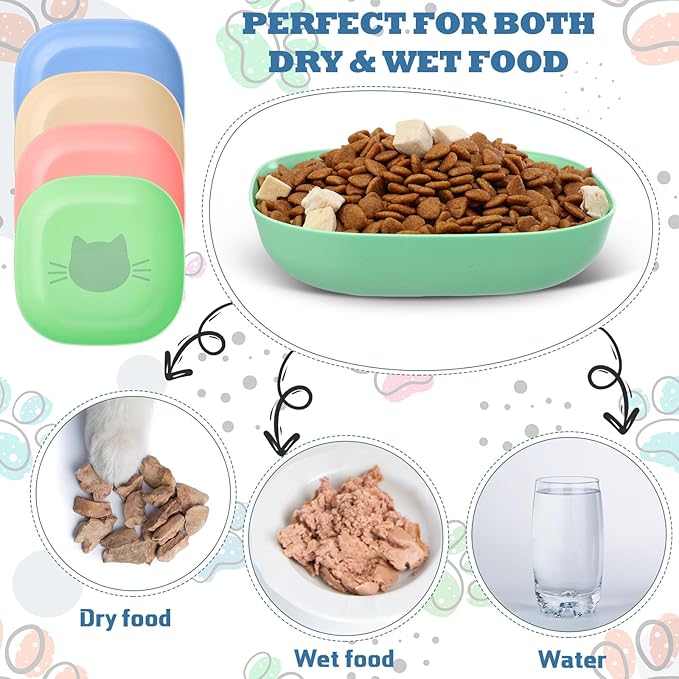 Tioncy 24 Pcs Fatigue Relief Cat Bowl 5.7 Inch Shallow Cat Food Dish Wide and Small Pet Wet Feeding Bowl for Kitten Short Legged Kitten Ferrets Feral Small Animals (Blue, Green, Pink, Beige,Cute)