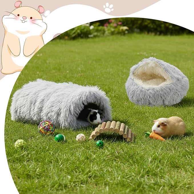 2 Pack Guinea Pig Hideout Bed with Tunnel, Large Soft Plush Cozy House, Washable Hideaway for Guinea Pigs and Small Animals(Style 2)