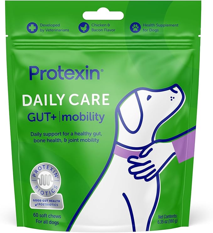 Protexin Daily Care Gut+ Mobility | 60 Dog Chews, Chicken and Bacon Flavor Dog Supplement | Probiotics for Dogs, Dog Postbiotics