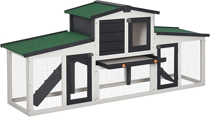 PawHut Large Rabbit Hutch with Double Runs, Wooden Guinea Pig Cage Outdoor, Bunny Cage with Removable Tray, Ramps, Roof, for Rabbits, Chickens, Ducks, 78" x 19" x 34", Gray