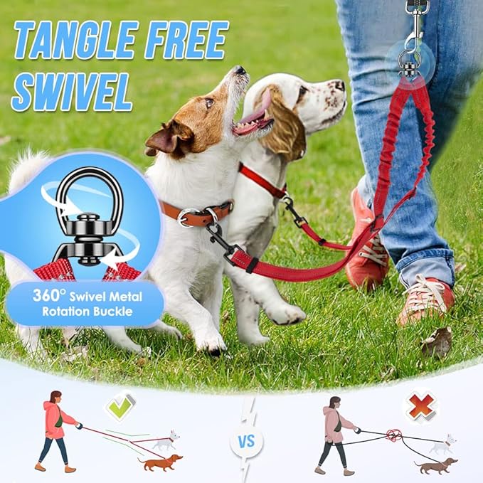 AUTOWT Double Dog Leash, No Tangle 360° Swivel Rotation Reflective Lead Attachment Adjustable Length Dual Two Dog Lead Splitter, Comfortable Shock Absorbing Walking Training for 2 Dogs Red