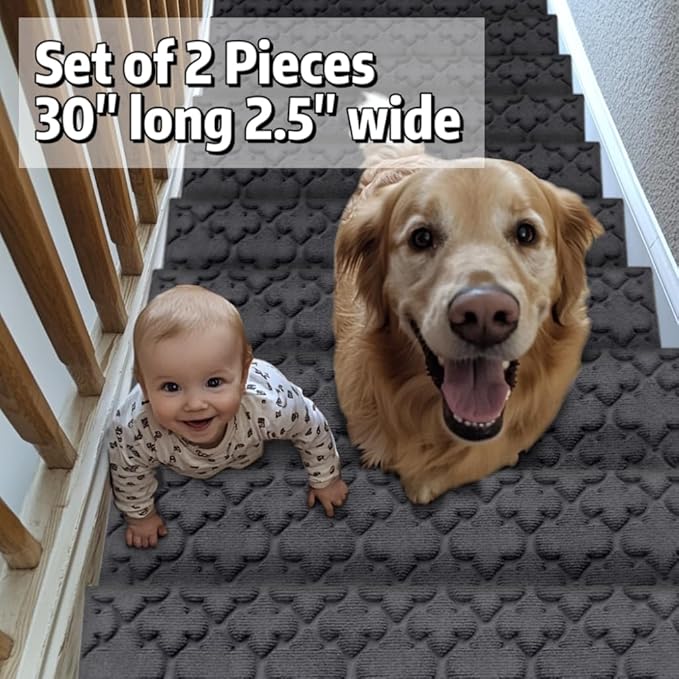 Aucuda 2pcs 8.5" x 30" Stair Treads for Elders and Dogs on Wooden Steps Indoor, Winter, Non Slip Stair Runner Rug Ice Insulation with Rubber Backing, Knot Staircase Mat Carpet for Outdoor Grip.