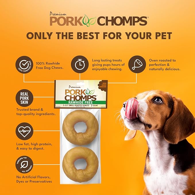 Pork Chomps Roasted Pork Skin Dog Chews, 3 Inch Donuts, Real Chicken, 2 Count, Pack of 1 - Long-Lasting Treats for Dogs - High Protein, Rawhide-Free, Low Fat, Healthy & Delicious Chews