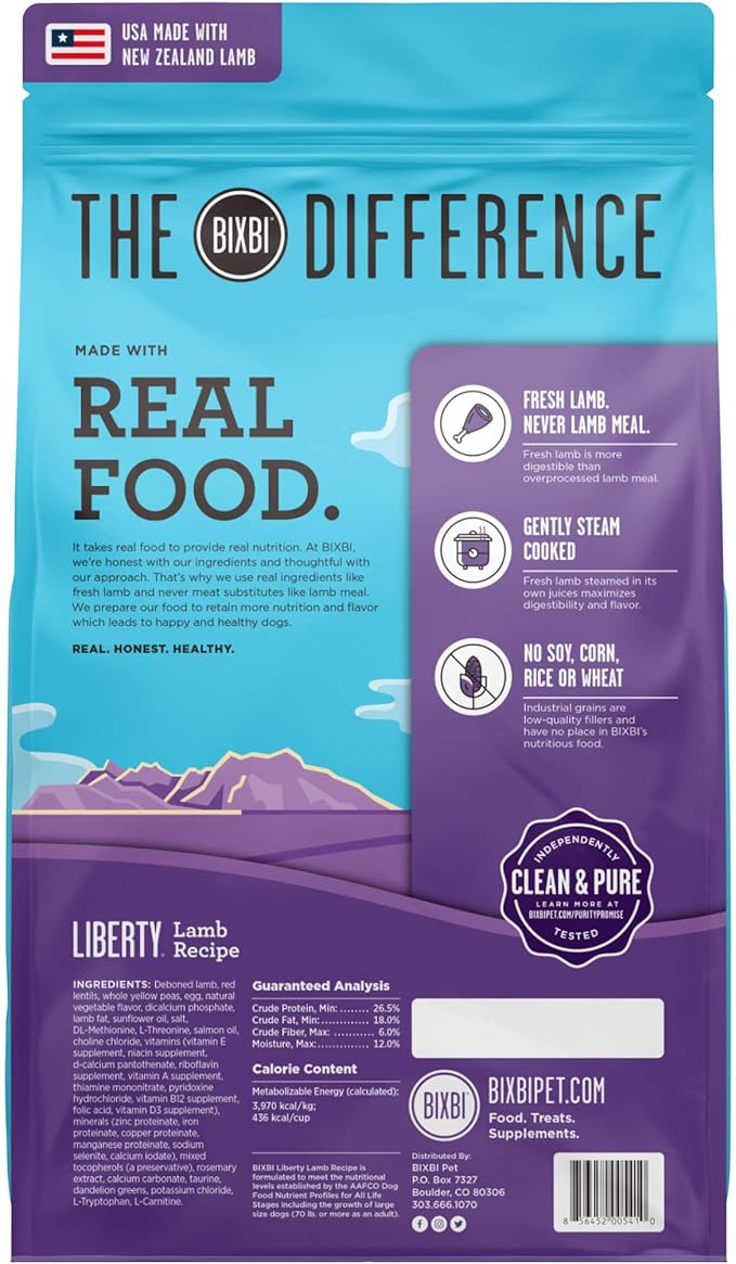 BIXBI Liberty Grain-Free Dry Dog Food, Lamb Recipe – Fresh Meat, High Protein, No Meat Meals – USA Made, 11 lbs