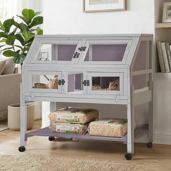 Guinea Pig Cags Indoor, Large Rabbit Hutch with Wheels, Wooden Hamster Cage with Chew-Proof Ram, Zinc Cool Plate and Plastic Floor, Small Animals Cage Habitat with Pull Out Tray (Light Grey)