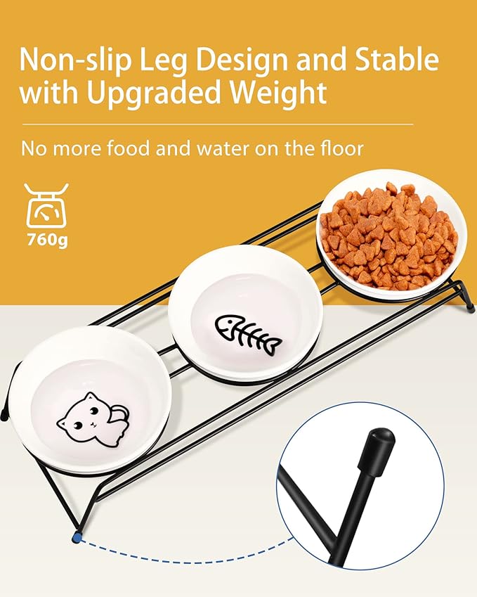 Anti-Vomiting Raised Cat Bowls - 3 × 13 oz Ceramic Food & Water Bowls with Non-Slip Stainless Steel Stand, Dishwasher Safe for Indoor Cats & Puppy