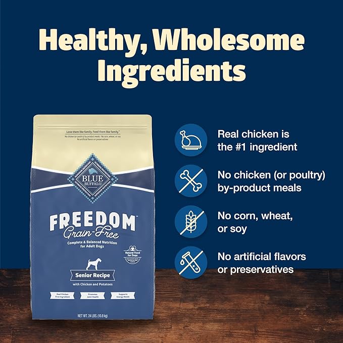 Blue Buffalo Freedom Grain-Free Senior Dry Dog Food, Provides Energy to Stay Active, Made in the USA with Natural Ingredients, Chicken & Potatoes, 24-lb Bag