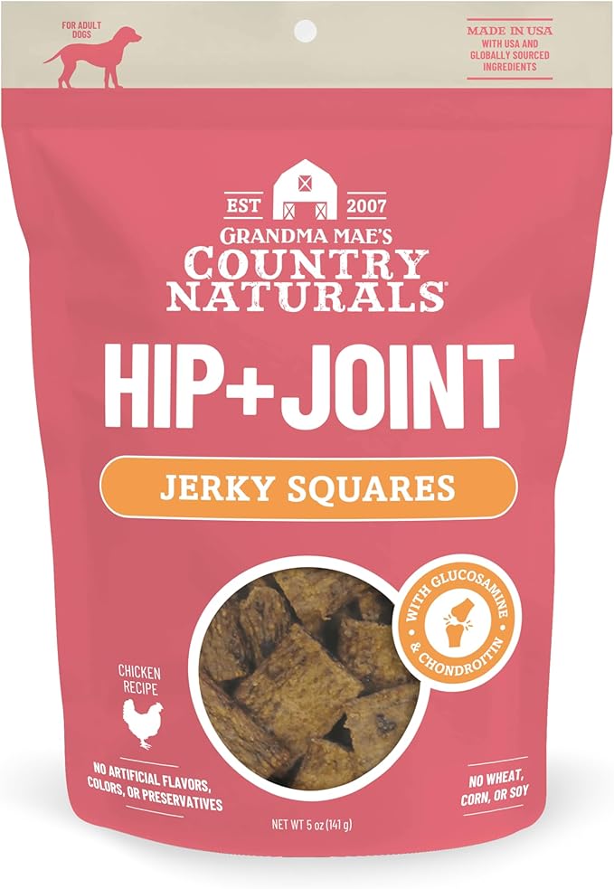 Grandma Mae's Country Naturals Jerky Squares Hip & Joint Dog Treats, Chicken with Glucosamine & Chondroitin, No Wheat, Corn, or Soy, Made in USA, 5 oz