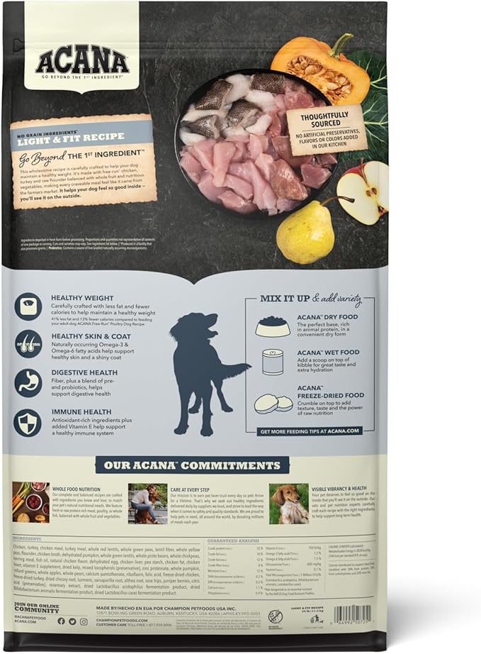 ACANA Grain Free Dry Dog Food Light & Fit Recipe 25lb Bag