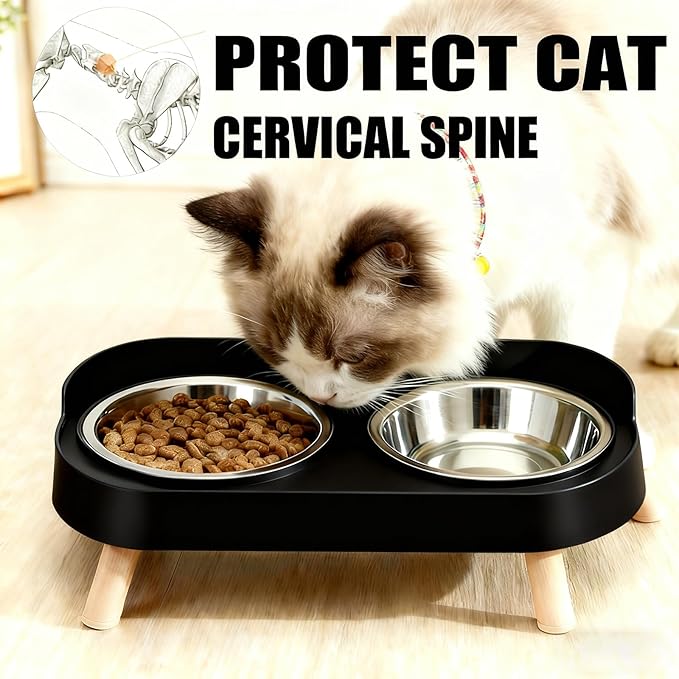 Elevated Cat Bowls, 2 Stainless Steel Raised Cat Food and Water Bowl Set, Splash Proof & Non-Slip, Whisker Fatigue Friendly, Dishwasher Safe for Cats and Small Dogs - Black