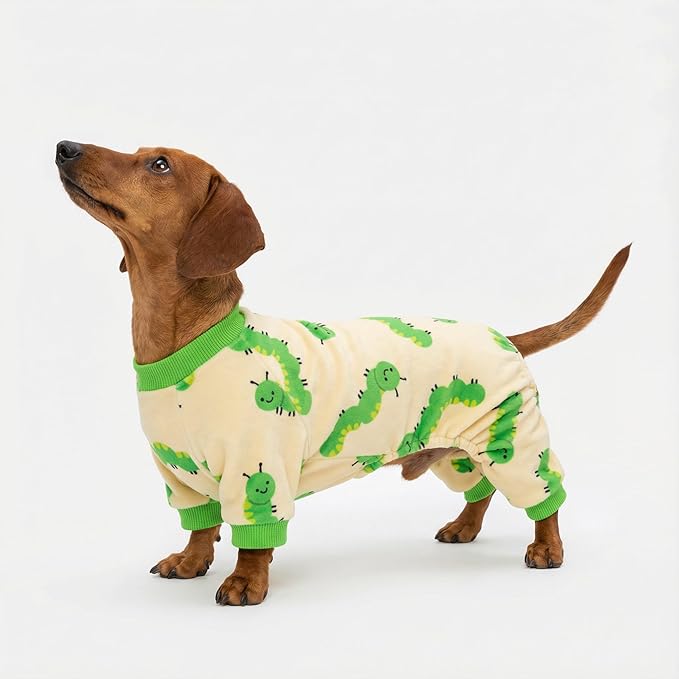 Fitwarm Caterpillar Dog Fleece Pajamas, Cozy Clothes for Small Dogs Boy Girl, Funny Pet Onesie, Beige, Green, Large