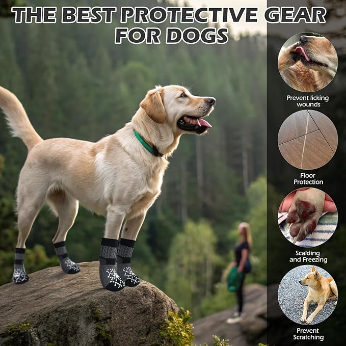 EXPAWLORER Dog Socks for Prevent Licking Paws,Winter Boots & Paw Protectors, Non Slip Doggie Grippy Booties for Hardwood Floors, Shoes for Small Medium Large Senior Dogs Twists Grey S