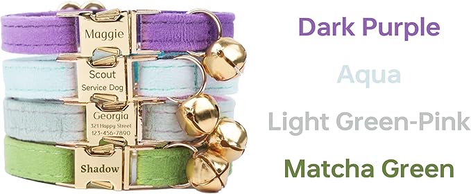 Personalized Colorful Velvet Cat Collar with Light Gold Buckle Engraved Name & Phone, Adjustable Size with Bell, Optional Bowtie, Leash and Airtag Holder for Cats & Kittens