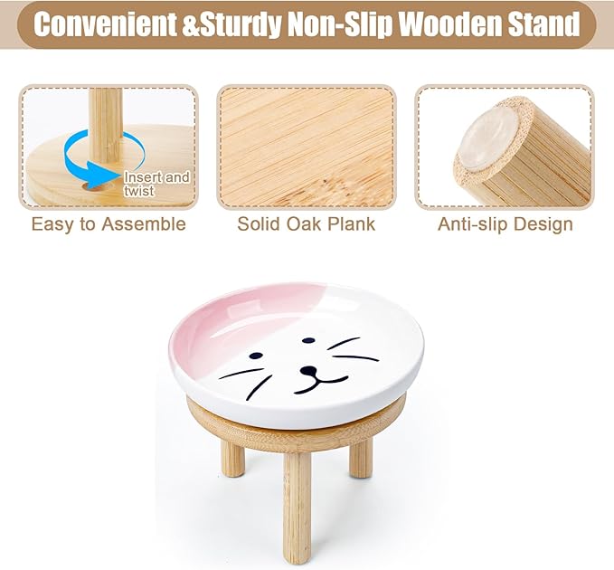 Shallow Elevated Cat Bowls with Bamboo Stand, 5.9 Inch Wide Ceramic Cat Dish Whisker Friendly,Pet Food and Water Plates
