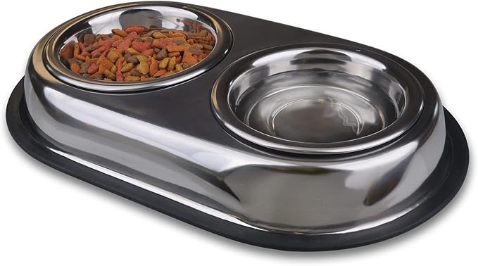 Van Ness Pets Stainless Steel Large Double Dish Dog Food And Water Bowl, 64 OZ, Wide No-Tip Base
