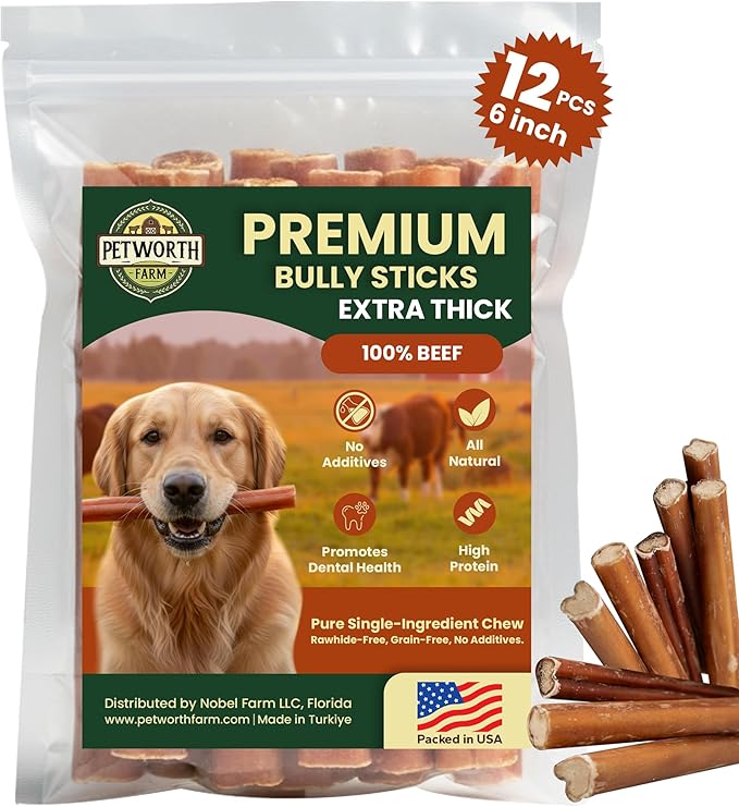 12 Pack 6 Inch Extra Thick Bully Sticks for Aggressive Chewers – 100% Beef Pizzle, Single Ingredient Rawhide-Free Dental Chews, Long Lasting Natural Dog Treats for Large Dogs