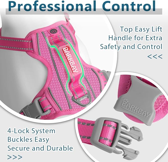 BARKBAY Dog Harness No Pull with ID Tag Pocket - Heavy Duty, Reflective, Easy Control for Large Dogs(Pink,L)