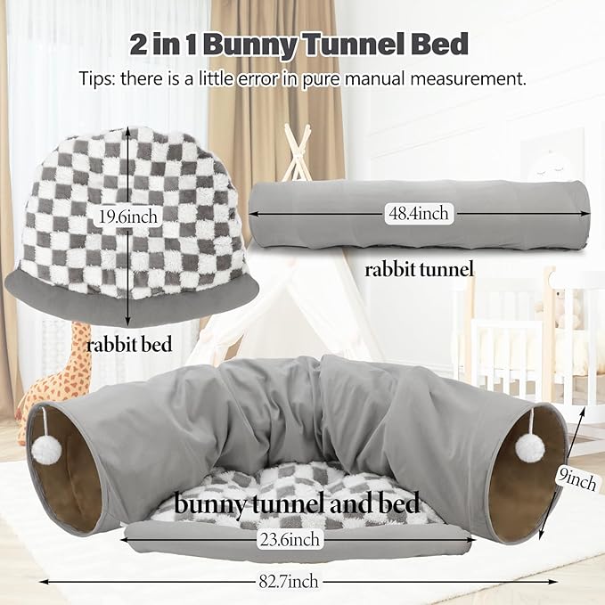 BWOGUE Bunny Tunnel Bed, 2-in-1 Collapsible Tunnel Tubes Toys with Removable Mat Hideout for Cats Kittens Rabbits Guinea Pigs Kitty (Gray)