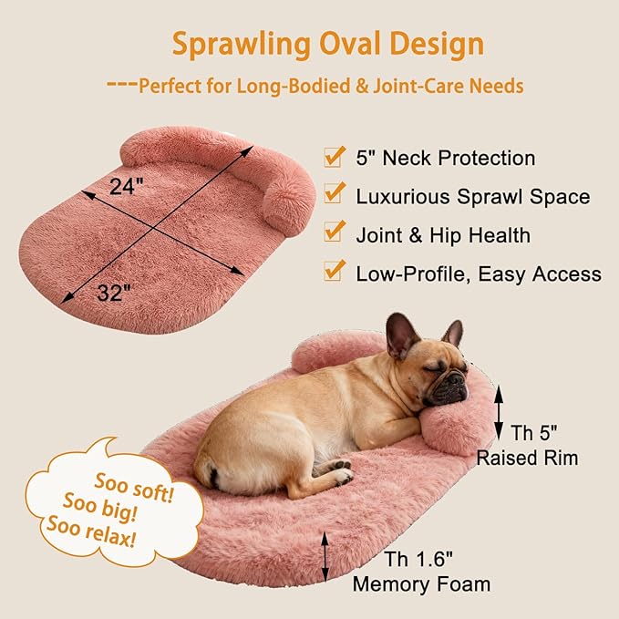 Calming Dog Beds for Medium Large Dogs, Orthopedic Cushion Plush Dogs Lounge Couch Sofa with Washable Removable Cover, Anti-Anxiety Soft Faux Fur Fits up to 40 lbs Pets (Oval, Blush 32"x24")