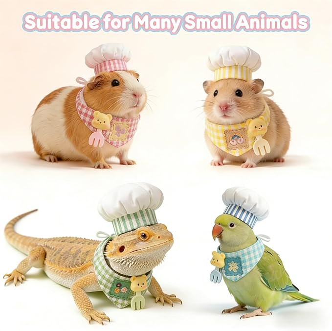 4 Pcs Hamster Chef Hat and Bib Set - Cute Small Animal Chef Costume Accessories for Hamsters Guinea Pigs, Mini Pet Chef Hats with Gingham Bibs for Dress Up & Photo Props