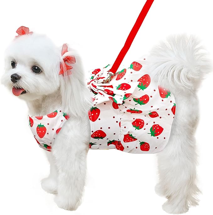 ABRRLO Cute Dog Dress Small Dog Clothes For Girls Female Puppy Outfits Red Strawberry Pet Summer Clothes Bowknot Doggy Cat Princess Dresses Harness for Holiday Birthday Party Costume Clothing (Red,XL)