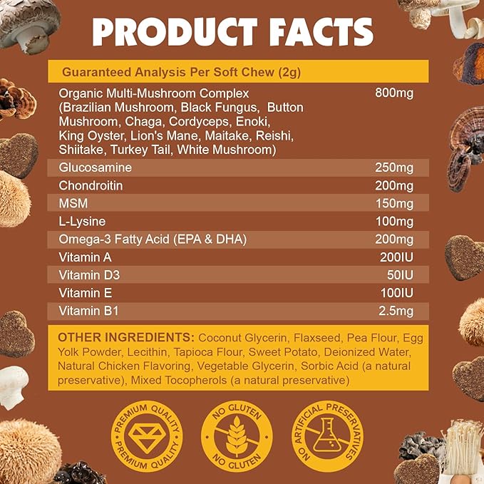 Mushroom Chews for Dogs, Turkey Tail Mushroom for Dogs, Immune Health, Digestive, Skin, Energy, Joint Support, 13 Organic Mushroom Complex with Shiitake, Maitake, Reishi, Lion's Mane, 140 Chews