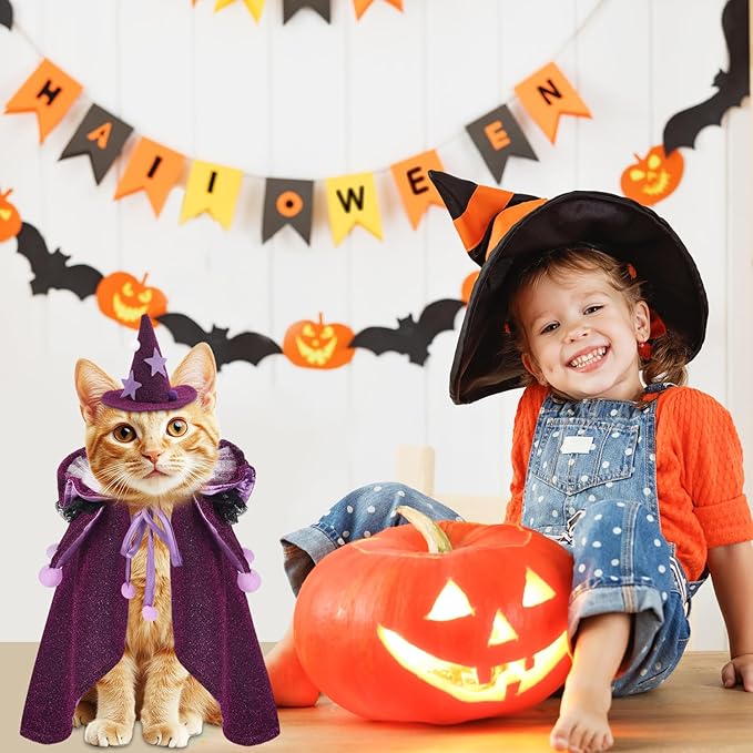 JOICEE Halloween Cat Costumes, Small Funny Purple Halloween Cat Wizard Cape Adjustable Pet Wizard Cloak for Little Dogs Cats Puppy Cosplay Party