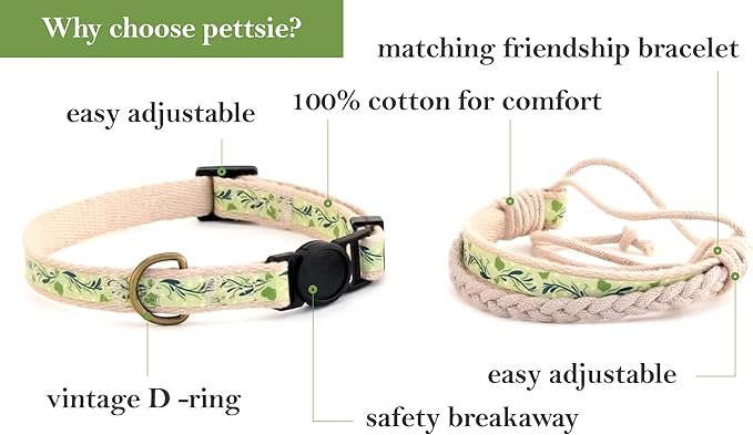 Pettsie Breakaway Cat Collar & Matching Friendship Bracelet – Adjustable, Soft Cotton Collar for Cats, Quick-Release Safety Buckle, Lightweight, Stylish, Designed for Cat Lovers, Green