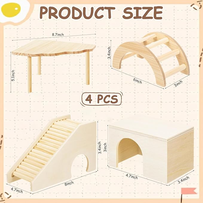 BreezeHug 4 Pcs Hamster Platform Hideout Wooden Tunnel Ladder Playhouse Hamster Game Climbing Toy with Platform Cage Accessories for Small Pets Dwarf Syrian Mice Degus Gerbils Squirrel(Log Cabin)