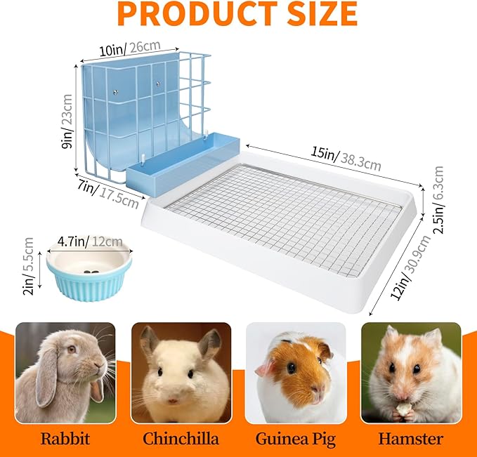 BESNEW 3 in 1 Rabbit Hay Feeder with Litter Box,Upgraded Metal Hay Rack & Litter Tray & Water Bowl,Quick Cleaning,Easy to Install,Bunny Supplies for Rabbit Guinea Pig Chinchilla Small Animals