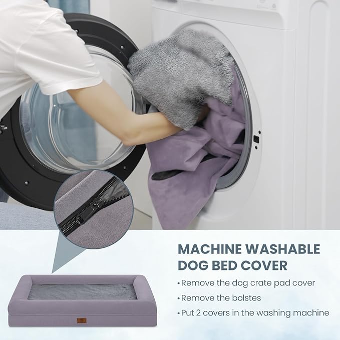 Jumbo Orthopedic Dog Beds, Washable Dog Bed with 4-Sides Removable Bolster, Waterproof Pet Bed Egg Crate Foam with Non-Slip Bottom for Large Dogs, Light Purple