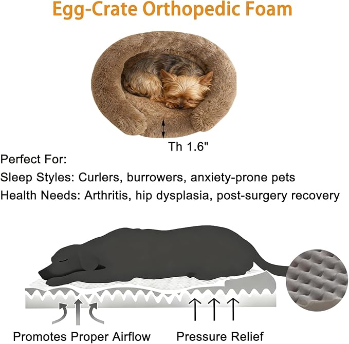Calming Cute Dog Beds for Medium Dogs, Orthopedic Cushion Anti-Anxiety Donut Cuddler Bed, Soft Fluffy Faux Fur Plush Warming Cozy Removable Cover, Fits up to 35 lbs Pets (Round, Coffee 28")