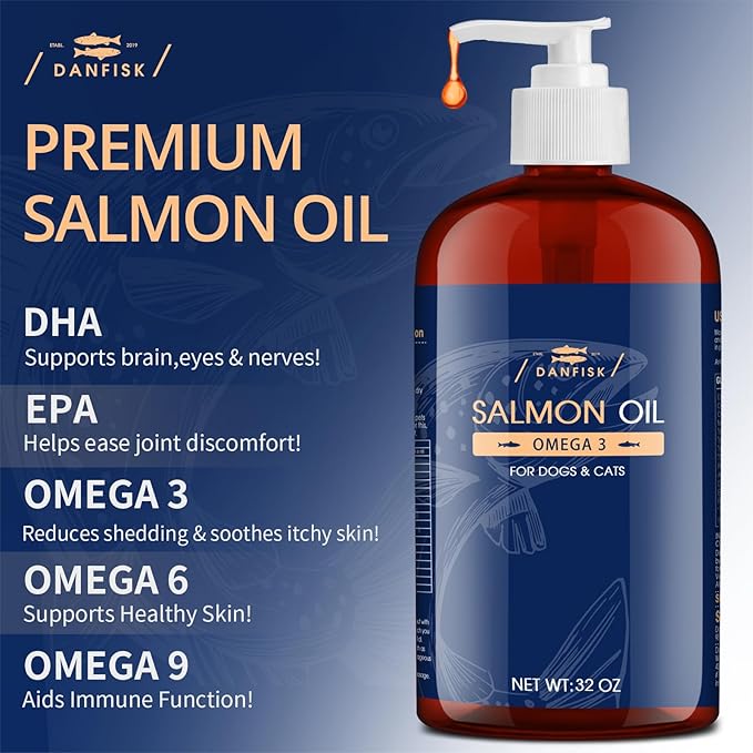 DANFISK Salmon Oil Formula with Omega 3, Fish Oil for Dogs Supplement, Skin & Coat Dog Oil, Itchy Relief, Immune Support for Joints & Heart, Food Topper, 32 oz