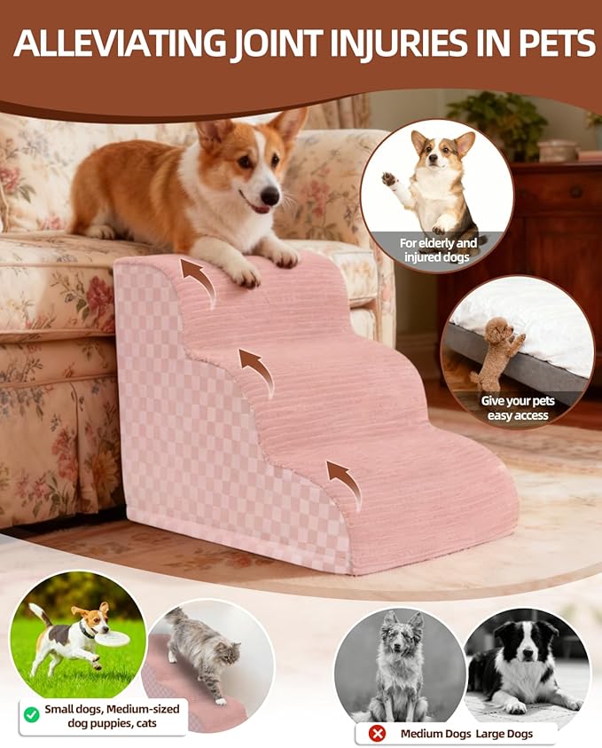 Dog Stairs Curved Ramp for Small Dogs 19.5" H, 4-Step Pet Stairs for Couch Bed with High Density Foam, Dog Slope Stairs with Durable Non-Slip Bottom Pink
