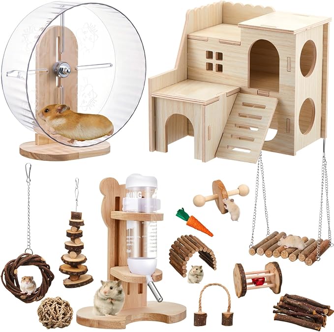 18 Pcs Hamster Toys Set, 10 Kinds Small Animal Chewing Toys, Maze Wood House, Silent Exercise Running Wheels and Water Bottle Set for Hamster Habitat Rat Cage Accessories(Mixed Play Style)