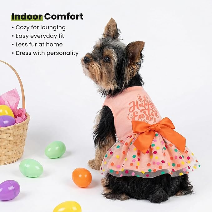 Fitwarm Happy Easter Day Dog Dress 100% Cotton Girl Dog Clothes Easter Bunny Pet Apparel Doggie Tutu with Bowknot Cat Clothing Puppy Dresses Doggy Costume Attire Orange Medium