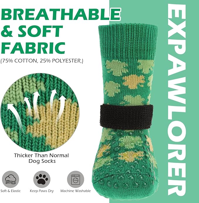 EXPAWLORER Anti Slip Dog Socks to Prevent Licking Paws, Dog Shoes Booties for Small Medium Large Senior Dogs, Traction Control Boots & Paw Protectors for Hardwood Floors St. Patrick's Day Green M