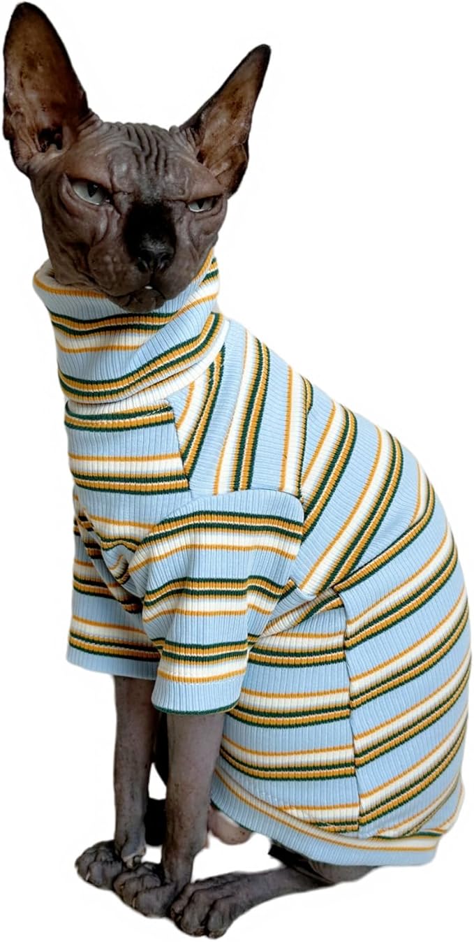 Turtle Neck Vintage Stripes Sphynx Hairless Cat Cotton T-Shirts Pet Clothes Vest Kitten Shirts Sleeveless, Cats & Small Dogs Apparel (Light Blue, S (3.3-5 lbs))