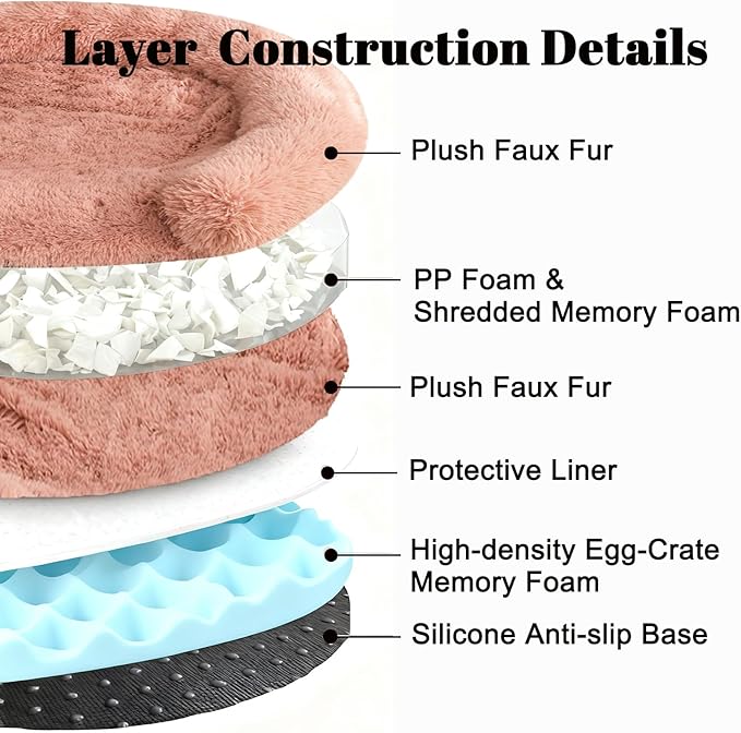 Calming Dog Bed for Small Medium Dogs, Anti-Anxiety Donut Washable Puppy Bed Orthopedic Cushion, Soft Fluffy Faux Fur Plush Warming Cozy Cat Bed, Fits up to 25 lbs Pets (Round, Blush 23")