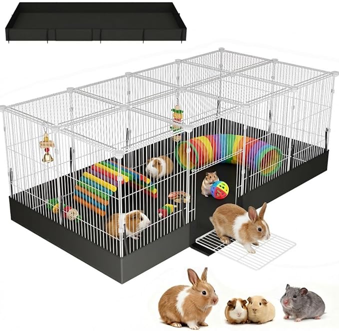 20 Planes Guinea Pig Cages Enclosed Hamster Cage with Transparent Top & Waterproof Liner, Expandable Cage for Guinea Pigs, Metal Wire Yard Fence Rabbit Cage