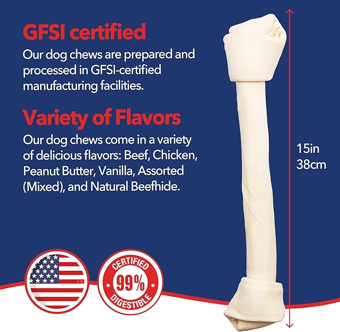 Pet Factory 100% Made in USA Beefhide 15-17" Knotted Bone Dog Chew Treat - Natural Flavor, 1 Count/1 Pack