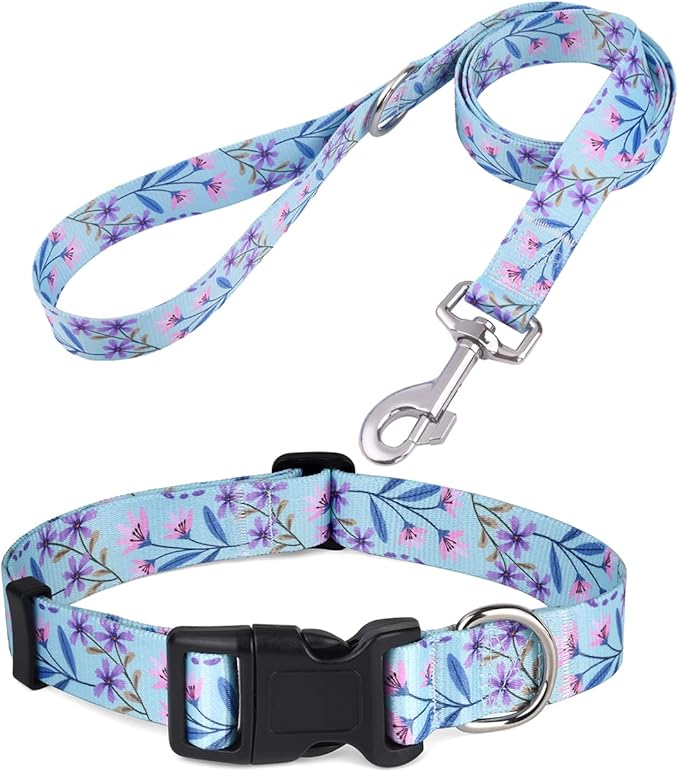 Dog Collar and Leash Set, Floral Print, Adjustable Collar for Medium Dogs, Bicolor Flower Set