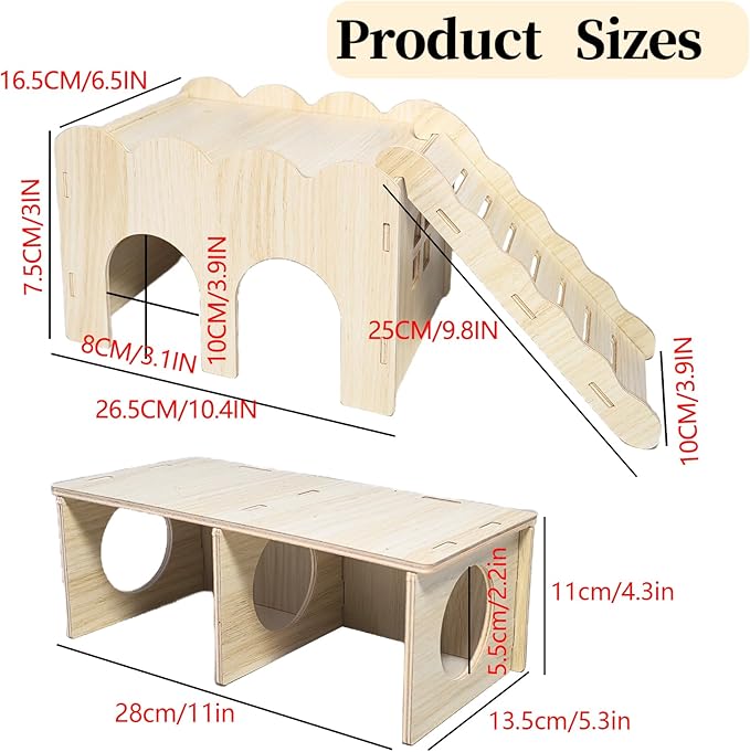 2 PCS Large Wooden Syrian Hamster Hideout Multi-Chamber Tunnel Set Hamster House Hiding Maze Platform Stuff Exploring Toy Cage Accessories for Guinea Pig Rat Mice Hedgehog Squirrel Chinchilla