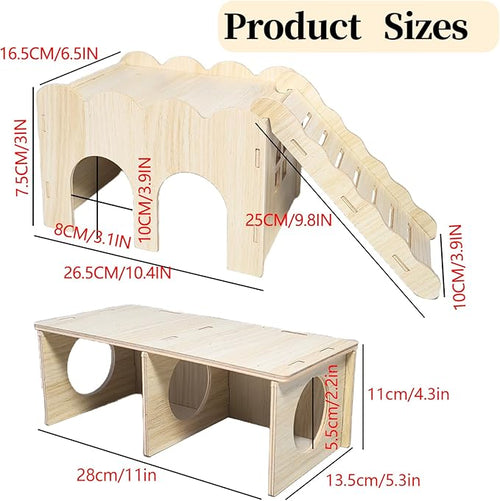 2 PCS Large Wooden Syrian Hamster Hideout Multi-Chamber Tunnel Set Hamster House Hiding Maze Platform Stuff Exploring Toy Cage Accessories for Guinea Pig Rat Mice Hedgehog Squirrel Chinchilla